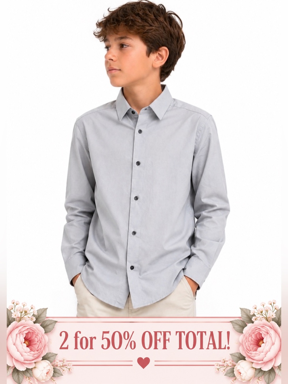 Calvin Klein Boys Slim Fit Stretch Dress Shirt Gray Gray Long Sleeve 12 Regular